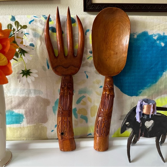 Vintage Other - vintage oversized hand carved wooden decorative salad fork & spoon